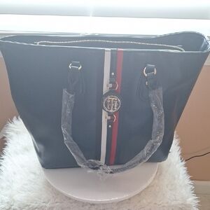 Tommy Hilfiger Black Tote Bag with Red and White Stripes